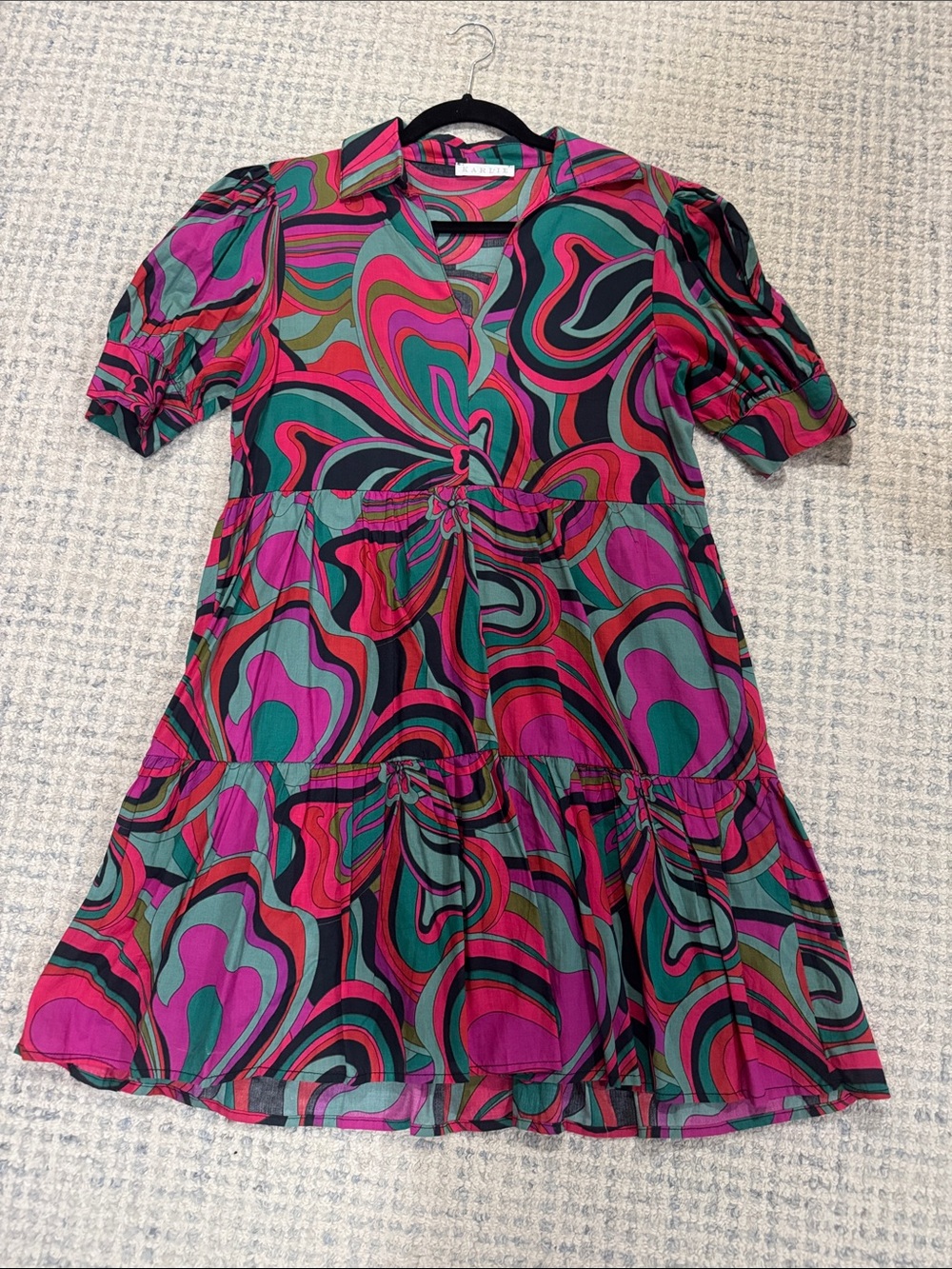 Karlie Vibrant Swirl Print Tiered Dress - Pink & Green